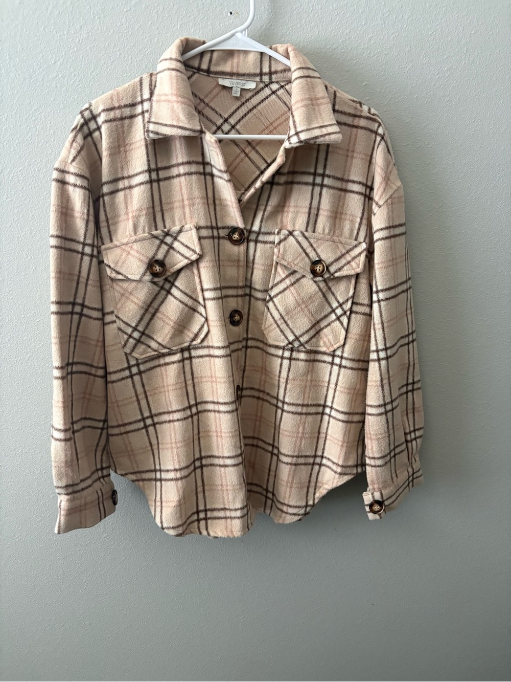 Beige Plaid Button-Down Shirt Jacket